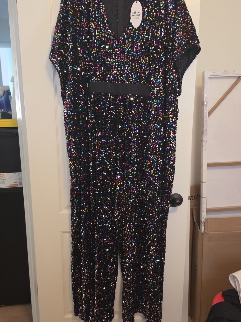 Unique Vintage Black Multicolor Sequin Jumpsuit Romper